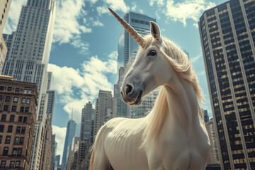 Unicorn as a symbol of successful startup business, in a city, skyscrapers in background with copy space