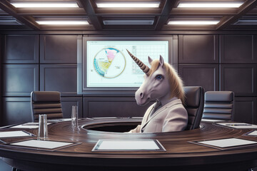 Unicorn as a symbol of successful startup business, dressed as businessman in white suit, in modern office meeting room, screen on wall