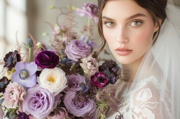 Naklejka premium bride holding up purple wedding flower bouquet