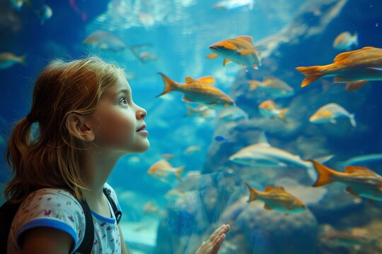 A curious girl marvels at the diverse marine life swimming in the tranquil waters of a freshwater aquarium, surrounded by vibrant aquarium decor and illuminated by soft aquarium lighting