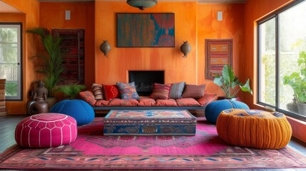 Vibrant, patterned poufs bring a pop of color and texture to this eclectic living space
