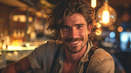 A charismatic bartender in his mid-20s, exuding warmth and approachability. With his trendy, tousled hair and welcoming smile, he effortlessly creates an inviting atmosphere at the bar. - obrazy, fototapety, plakaty