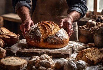 Boulanger présentant une miche de pain - obrazy, fototapety, plakaty