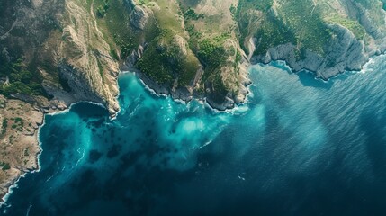 Top view of the border between the sea and the mountain range, realistic background, wallpaper