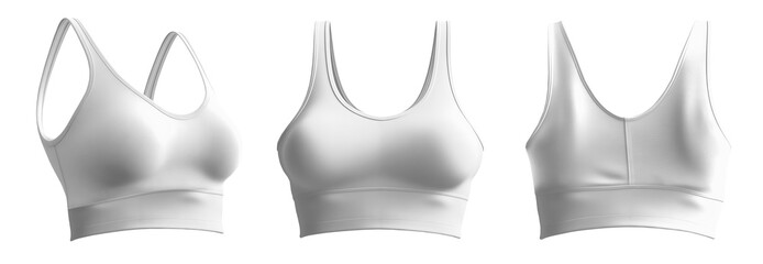 Set of white front back side view, sports exercise bra tank crop top on transparent background cutout, PNG file. Mockup template for artwork graphic design