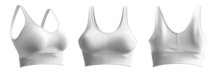 Set of white front back side view, sports exercise bra tank crop top on transparent background cutout, PNG file. Mockup template for artwork graphic design