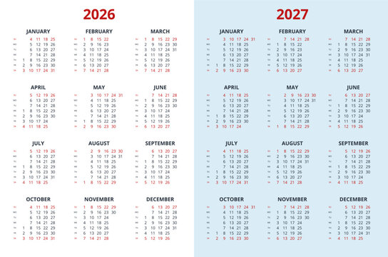 Quarter calendar template for 2026, 2027 year. Wall calendar grid in a minimalist style. Week Starts on Sunday