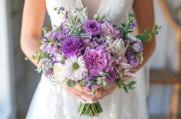 Obraz na płótnie Canvas bride holding up purple wedding flower bouquet