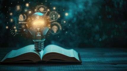 Glowing light bulb and book or text book with futuristic icons Self-learning or