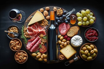 An inviting still life of delectable food groups, including juicy grapes and fresh vegetables, arranged on a rustic wooden board with a bottle of wine, evoking feelings of warmth and indulgence - obrazy, fototapety, plakaty