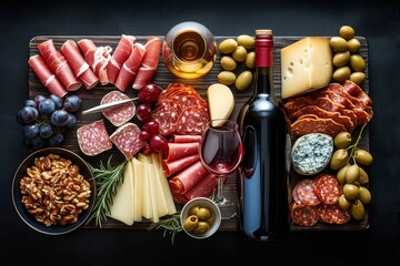 A vibrant display of assorted fruits and vegetables, carefully arranged on a wooden cutting board alongside a bottle of wine, evokes a feeling of indulgence and satisfaction in the delightful delicac