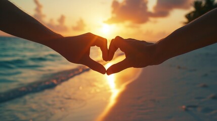A male and female couple put their hands together in a heart shape. At the sandy beach by the sea The sun is about to set.