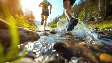 Trail runners leap across water and rocks. Follow the competition route On the green background, bright sunlight