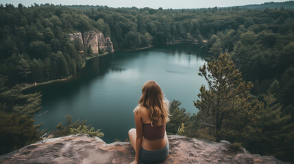 Tranquility by the Lake: Girl Meditating in the Woods