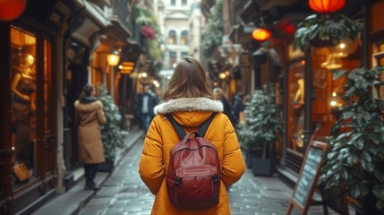 woman in a yellow coat explores a charming alley with shops and warm lighting, experiencing the city's culture