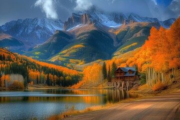 An idyllic autumn scene, with a quaint house nestled among the mountains and reflected in the calm waters of a peaceful lake, framed by the golden hues of the changing leaves and a cloudy sky above - obrazy, fototapety, plakaty