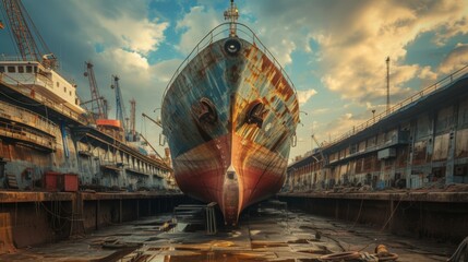 Large corroded vessel undergoing maintenance in a shipyard dry dock, surrounded by industrial equipment. - obrazy, fototapety, plakaty