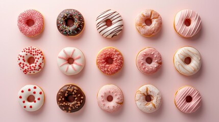 Fototapeta na wymiar Various decorated donuts arranged neatly on a soft pink surface, ideal for sweet treat concepts.