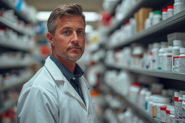 Fototapeta na wymiar a male pharmacist standing in a pharmacy in a white lab coat