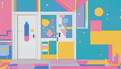 Fototapeta premium Different colorful and artistically with shapes and colors designed doors in a graphically designed illustration