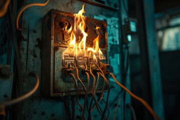 An old and rusty electrical fuse box caught in a dangerous blaze, with flames consuming the wiring and switches. - obrazy, fototapety, plakaty