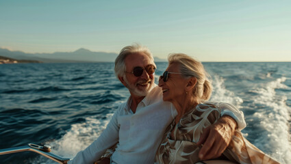 Beautiful and happy senior couple in love sitting on the side of sailboat or yacht deck floating in...