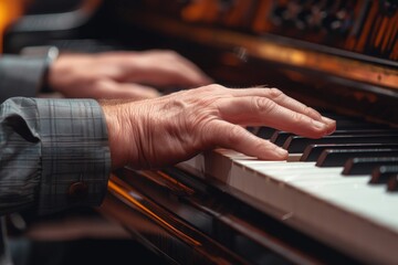 A skilled pianist's hands dance across the keys of their digital piano, filling the indoor space with a harmonious melody that captivates all who listen - obrazy, fototapety, plakaty