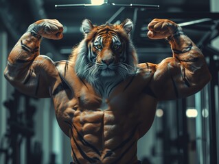 Portrait of a strong roaring male tiger in a gym. Bodybuilding concept - obrazy, fototapety, plakaty