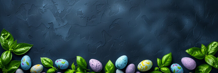 Festive Easter banner with painted eggs and basil leaves on dark textured surface. copy space