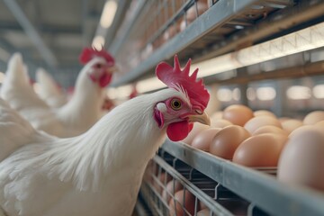 A hen closely watches over a collection of fresh eggs laid in a farming coop, typical in poultry agriculture.
