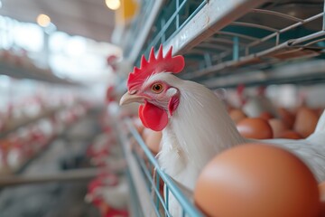 Chickens in a Cage at an Egg Production Line