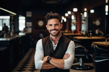 Rolgordijnen Portrait of a smiling male hairdresser in modern salon © CojanAI