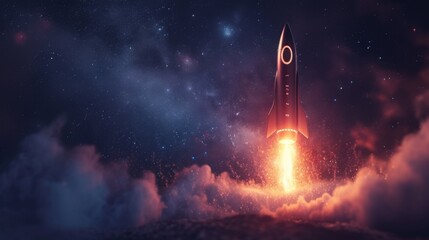 A dramatic scene of a space rocket launching from the ground, leaving a trail of fire and smoke against a backdrop of a dense cosmic starfield. - obrazy, fototapety, plakaty