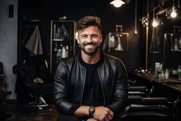 Tuinposter Portrait of a smiling male hairdresser in modern salon © CojanAI
