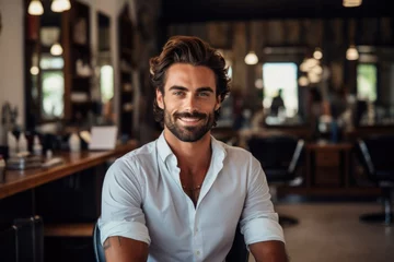 Fototapeten Portrait of a smiling male hairdresser in modern salon © CojanAI