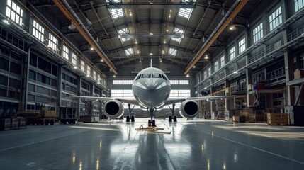 Commercial Airplane in Aircraft Maintenance Hangar - obrazy, fototapety, plakaty