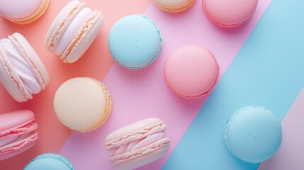 Assorted colorful macarons neatly arranged on a diagonal pastel pink and blue background, ideal for sweet culinary themes.