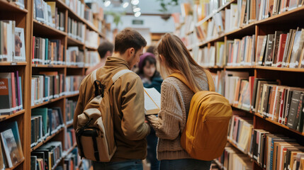 A young couple immersed in a serene moment, engrossed in a collection of captivating books, discovering hidden literary treasures in a charming independent bookstore.