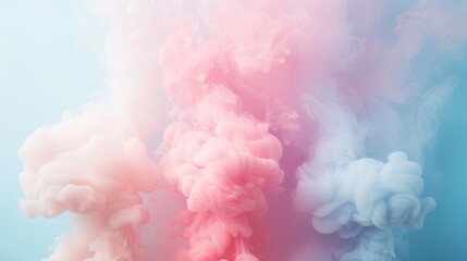 Ethereal swirls of pink and blue smoke intertwined against a soft gradient background, creating a dreamy abstract pattern.