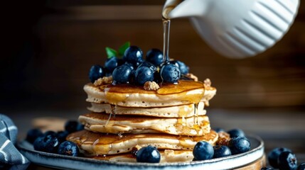 A tempting stack of golden pancakes topped with juicy blueberries, with honey or maple syrup cascading down the sides in a delicious flow. - obrazy, fototapety, plakaty