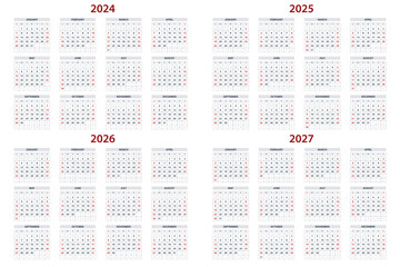 Quarter calendar template for 2024, 2025, 2026, 2027 year. Wall calendar grid in a minimalist style. Week Starts on Sunday.