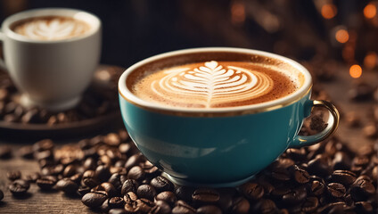 Beautiful cup of coffee, latte art, grains background