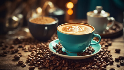 Beautiful cup of coffee, latte art, grains background