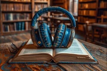 Headphones and a stack of books lie on a wooden table in the library