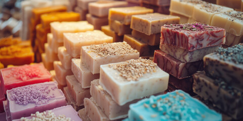 Artisanal Handmade Soap Collection, colors variety. Assortment of different colorful, natural handmade soap bars with dry flowers and oils.