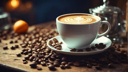 Schilderijen op glas Beautiful cup of coffee, latte art, grains background © tanya78