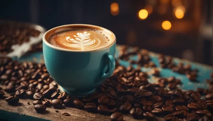 Rolgordijnen Koffiebar Beautiful cup of coffee, latte art, grains background