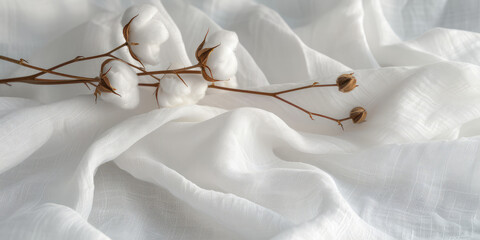 Elegant Cotton Bolls on White Fabric. Soft cotton bolls resting on delicate white cotton fabric,...