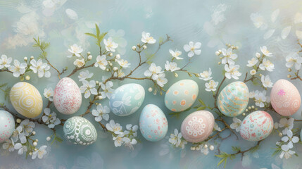 Fototapeta na wymiar Spring Blossom and Decorated Easter Eggs Adorn Serene Blue Background. Festive Easter Greeting Background