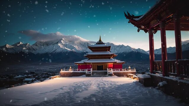 Temple, Statue, Budhha, Cinematic, Epic, Winter, Snow, Landscape Scenery, Night, Aurora, Nature Ambience, Outdoor, Snowfall, Snow Falling, Loop Video 4K Background, AI